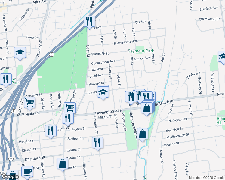 map of restaurants, bars, coffee shops, grocery stores, and more near 104 Sunrise Avenue in New Britain