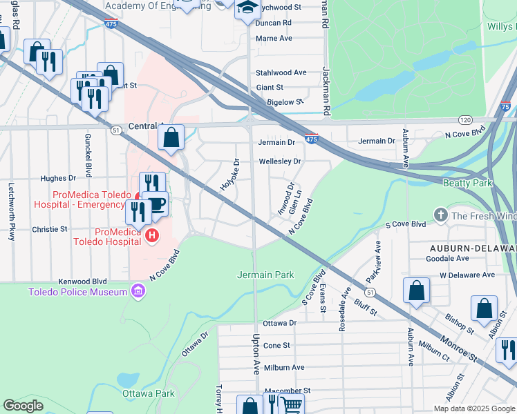 map of restaurants, bars, coffee shops, grocery stores, and more near 2737 Upton Avenue in Toledo