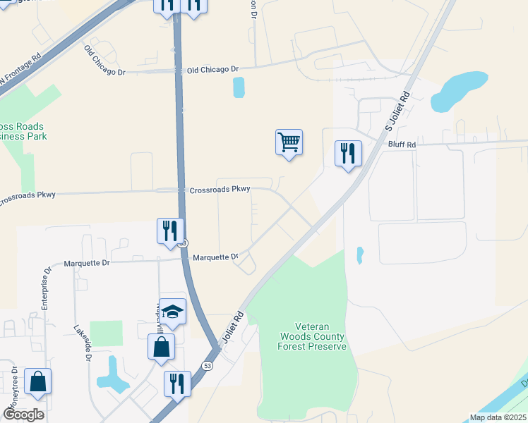 map of restaurants, bars, coffee shops, grocery stores, and more near 175 East Crossroads Parkway in Bolingbrook