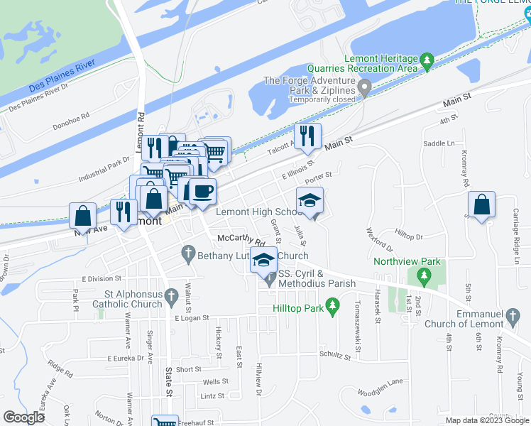 map of restaurants, bars, coffee shops, grocery stores, and more near 410 Grant Street in Lemont