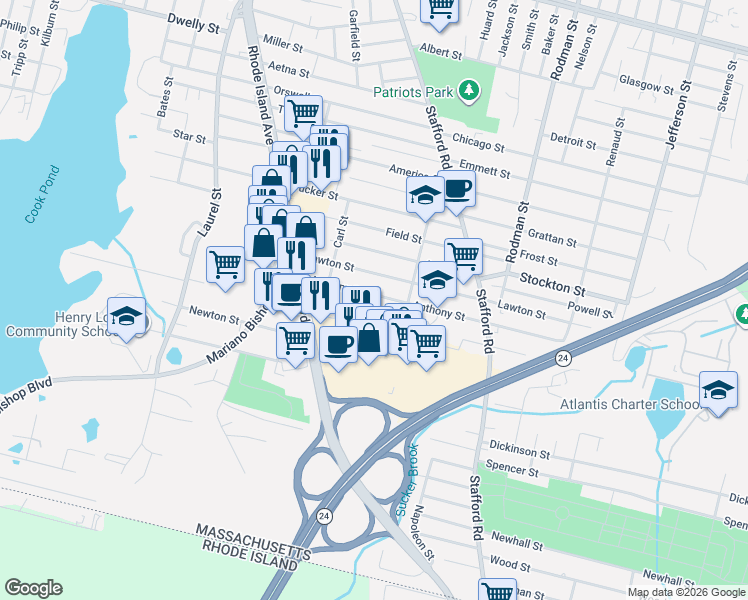map of restaurants, bars, coffee shops, grocery stores, and more near 164 Anthony Street in Fall River