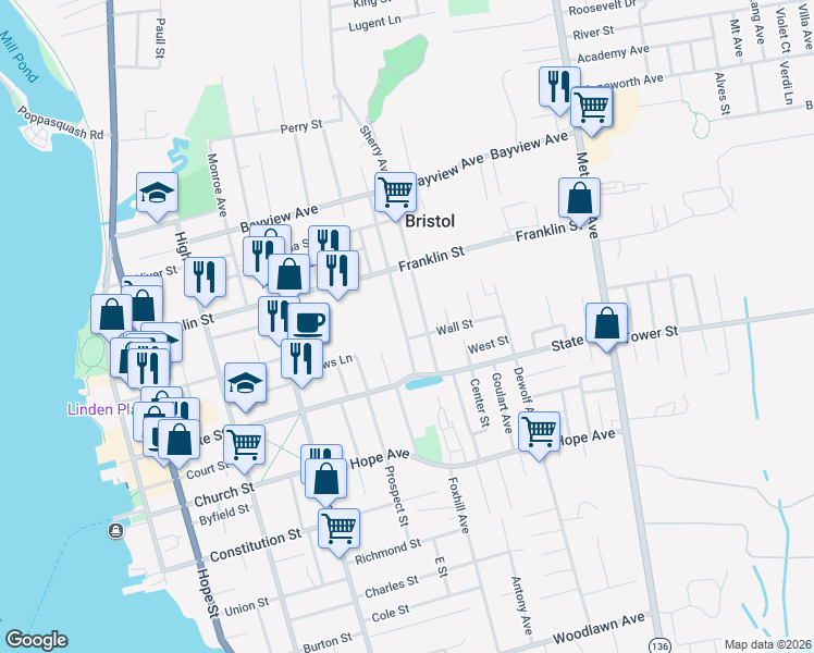 map of restaurants, bars, coffee shops, grocery stores, and more near 27 Buttonwood Street in Bristol