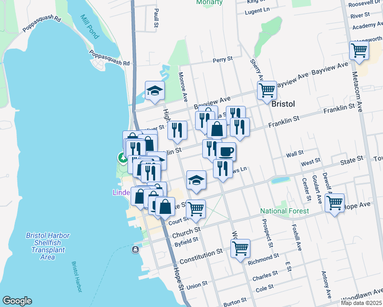 map of restaurants, bars, coffee shops, grocery stores, and more near 97 Franklin Street in Bristol