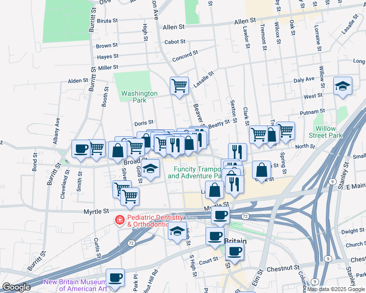 map of restaurants, bars, coffee shops, grocery stores, and more near 241 High Street in New Britain