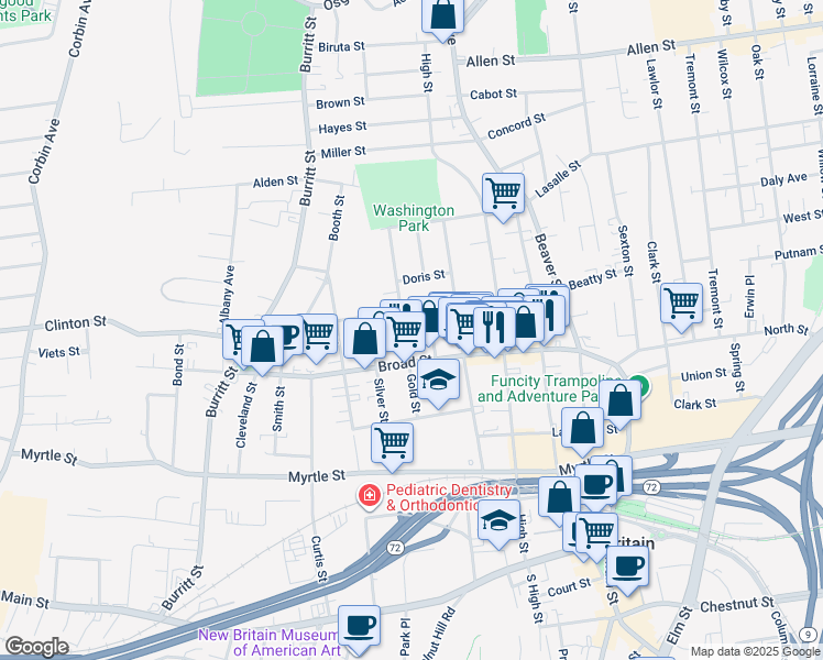 map of restaurants, bars, coffee shops, grocery stores, and more near 48 Horace Street in New Britain