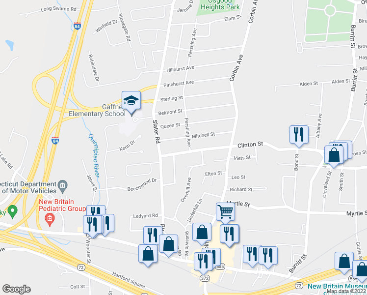 map of restaurants, bars, coffee shops, grocery stores, and more near 28 Pershing Avenue in New Britain