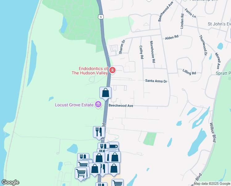 map of restaurants, bars, coffee shops, grocery stores, and more near 2710 U.S. 9 in Poughkeepsie