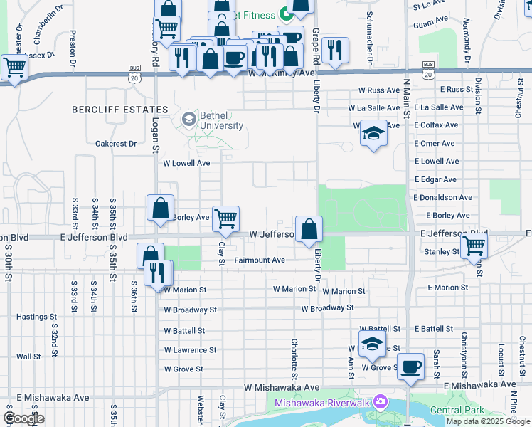 map of restaurants, bars, coffee shops, grocery stores, and more near 600 West Jefferson Boulevard in Mishawaka