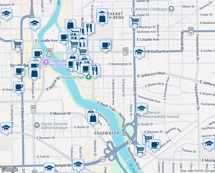 map of restaurants, bars, coffee shops, grocery stores, and more near 216 South Saint Peter Street in South Bend