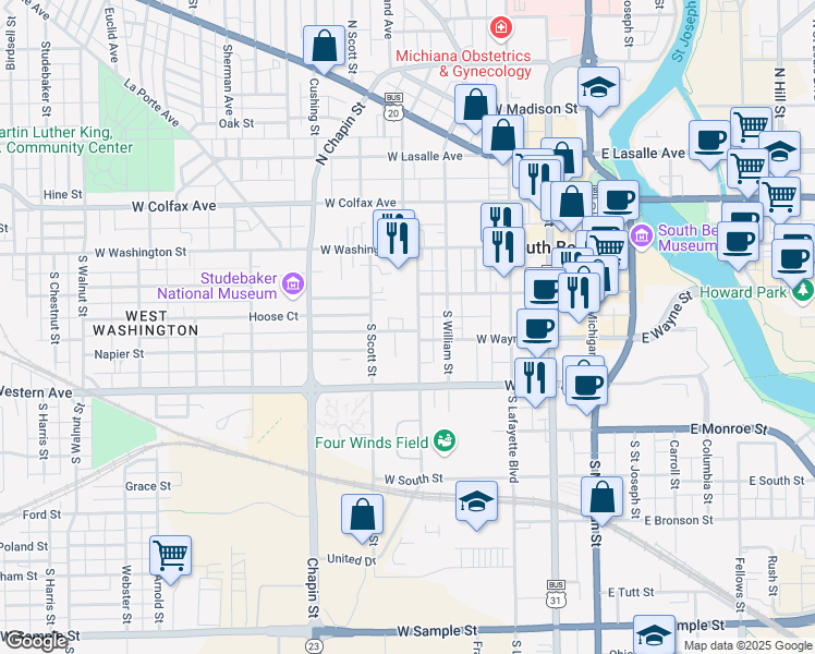 map of restaurants, bars, coffee shops, grocery stores, and more near 200 Blk Taylor Street in South Bend