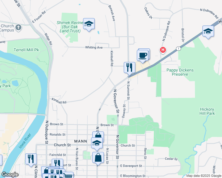 map of restaurants, bars, coffee shops, grocery stores, and more near 500 Kimball Road in Iowa City