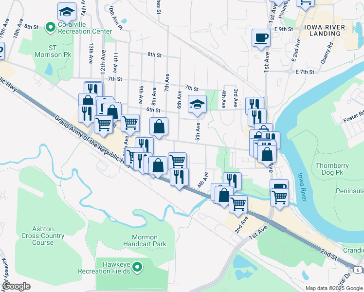 map of restaurants, bars, coffee shops, grocery stores, and more near 513 5th Street in Coralville
