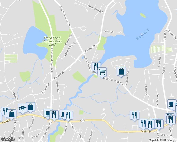 map of restaurants, bars, coffee shops, grocery stores, and more near 537 Upper County Road in Dennis