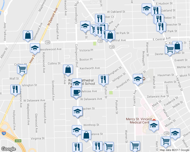 map of restaurants, bars, coffee shops, grocery stores, and more near 347 Rockingham Street in Toledo