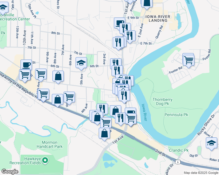 map of restaurants, bars, coffee shops, grocery stores, and more near 203 5th Street in Coralville