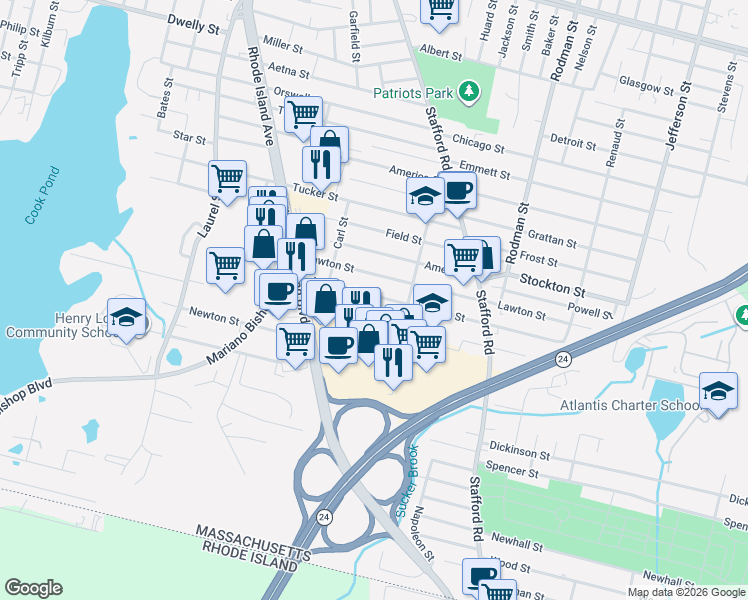map of restaurants, bars, coffee shops, grocery stores, and more near 164 Anthony Street in Fall River