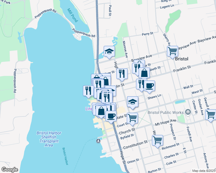 map of restaurants, bars, coffee shops, grocery stores, and more near 37 Franklin Street in Bristol