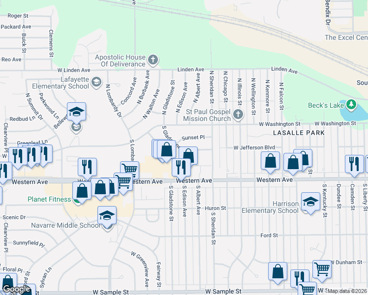 map of restaurants, bars, coffee shops, grocery stores, and more near 4104 Sunset Place in South Bend