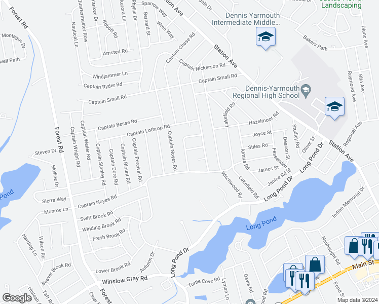 map of restaurants, bars, coffee shops, grocery stores, and more near 22 General Lawrence Road in Yarmouth