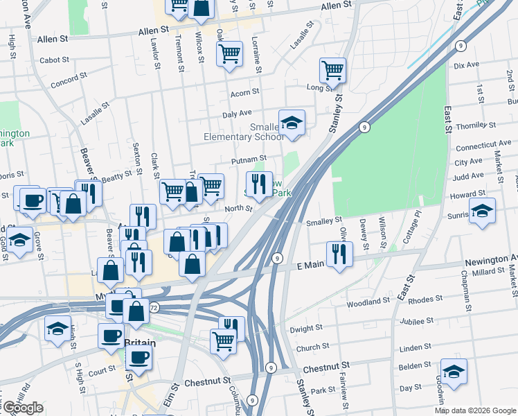 map of restaurants, bars, coffee shops, grocery stores, and more near 14 Willow Street in New Britain