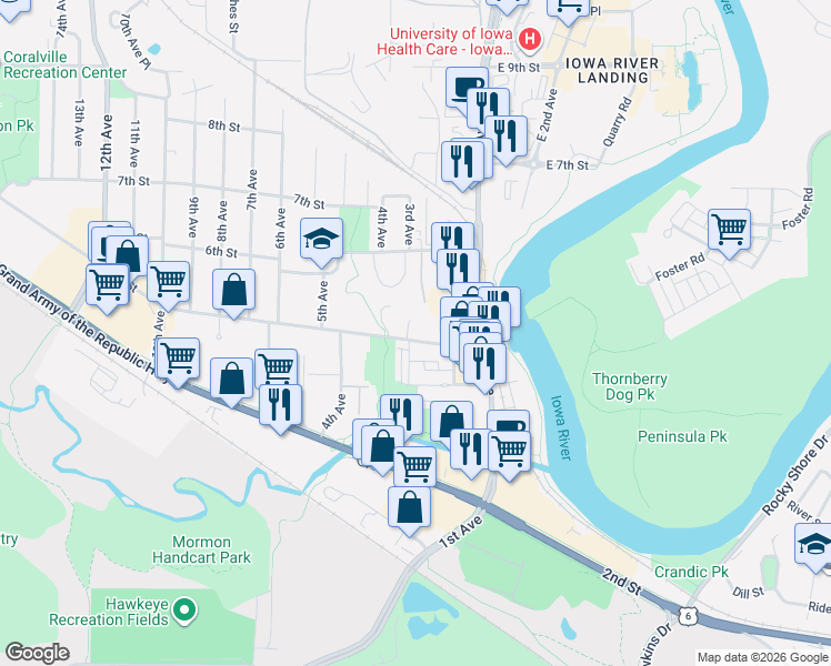 map of restaurants, bars, coffee shops, grocery stores, and more near 213 5th Street in Coralville