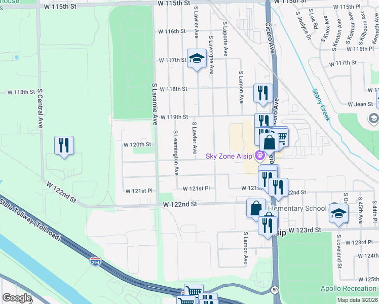 map of restaurants, bars, coffee shops, grocery stores, and more near 11941 South Lawler Avenue in Alsip