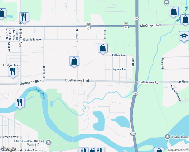 map of restaurants, bars, coffee shops, grocery stores, and more near 2124 East Jefferson Boulevard in Mishawaka