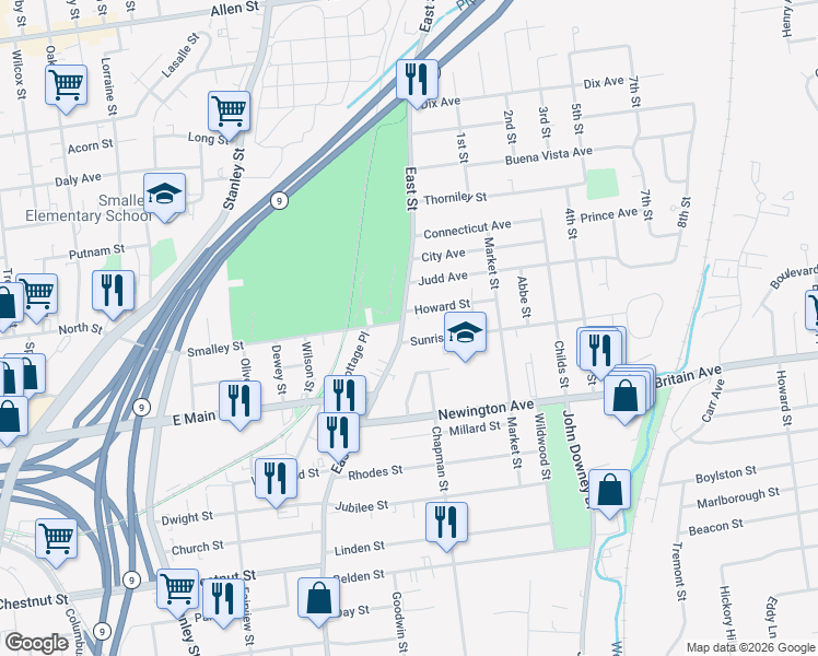 map of restaurants, bars, coffee shops, grocery stores, and more near 799 East Street in New Britain