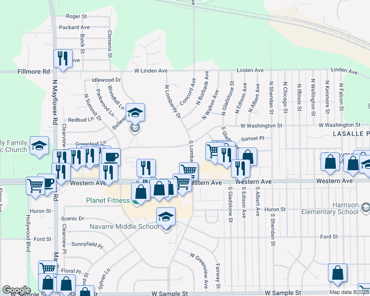 map of restaurants, bars, coffee shops, grocery stores, and more near 4524 West Washington Street in South Bend