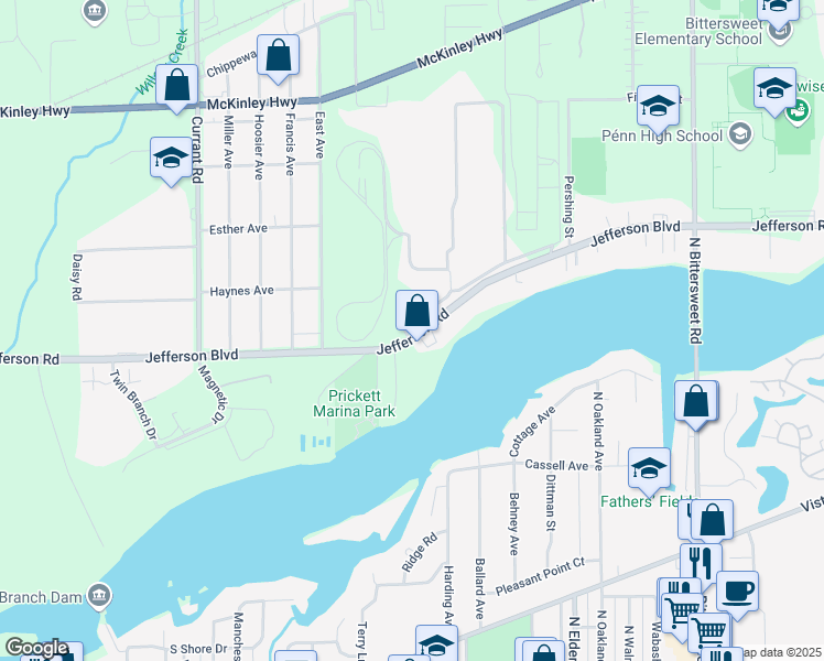 map of restaurants, bars, coffee shops, grocery stores, and more near 13001 Jefferson Road in Mishawaka
