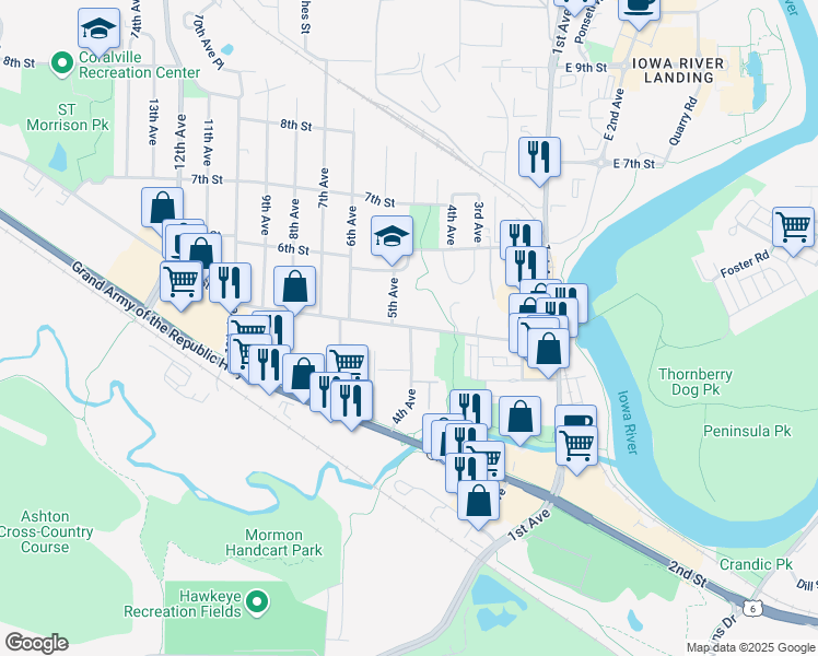 map of restaurants, bars, coffee shops, grocery stores, and more near 402 5th Street in Coralville