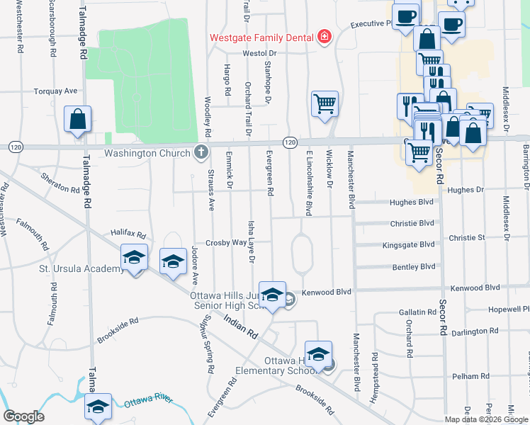 map of restaurants, bars, coffee shops, grocery stores, and more near 2910 Evergreen Road in Toledo