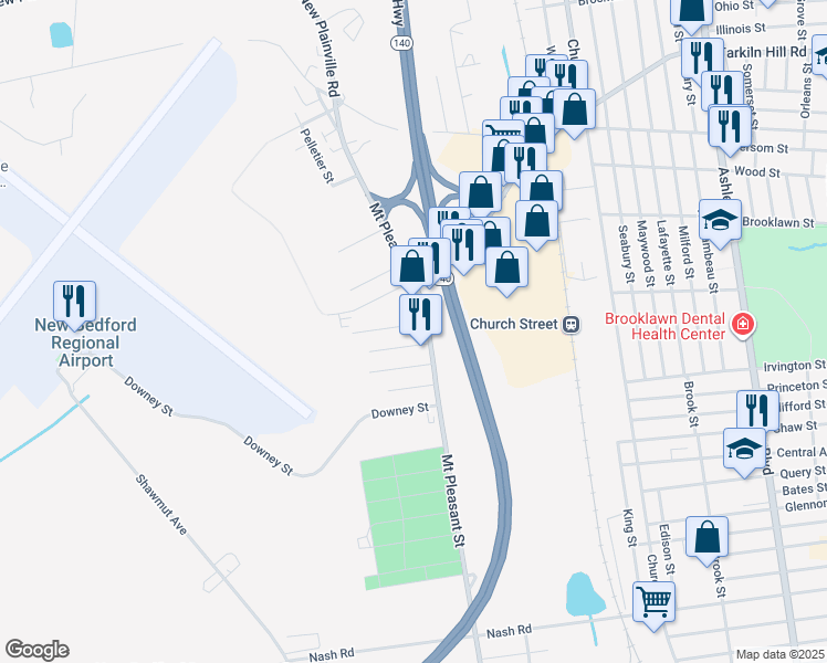 map of restaurants, bars, coffee shops, grocery stores, and more near 213 England Street in New Bedford