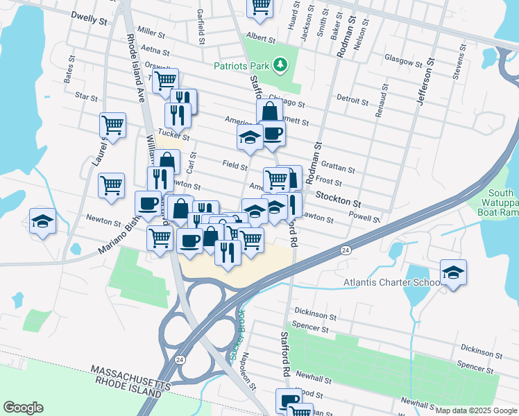 map of restaurants, bars, coffee shops, grocery stores, and more near 344 Lawton Street in Fall River