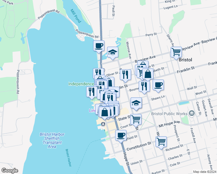 map of restaurants, bars, coffee shops, grocery stores, and more near 37 Franklin Street in Bristol