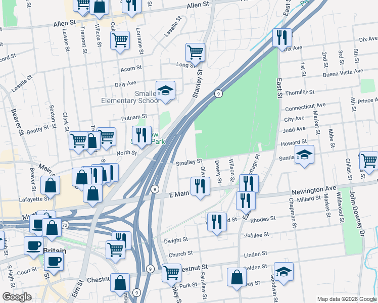 map of restaurants, bars, coffee shops, grocery stores, and more near 40 Gladden Street in New Britain