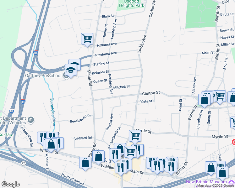 map of restaurants, bars, coffee shops, grocery stores, and more near 76 Mitchell Street in New Britain
