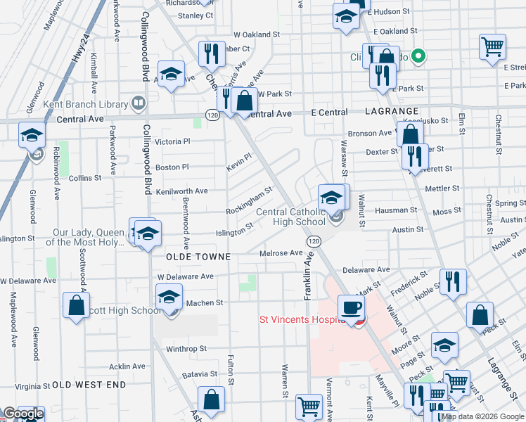 map of restaurants, bars, coffee shops, grocery stores, and more near 135 Rockingham Street in Toledo