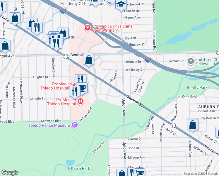 map of restaurants, bars, coffee shops, grocery stores, and more near 2733 Bryn Mawr Drive in Toledo