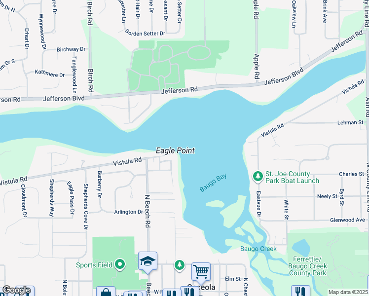 map of restaurants, bars, coffee shops, grocery stores, and more near 600 Vistula Rd in Osceola