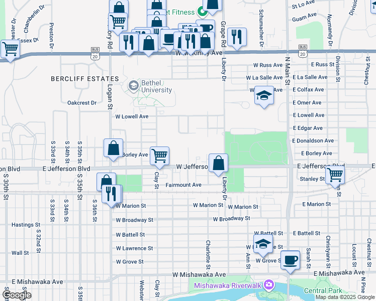 map of restaurants, bars, coffee shops, grocery stores, and more near 600 West Jefferson Boulevard in Mishawaka