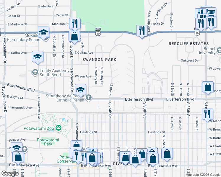 map of restaurants, bars, coffee shops, grocery stores, and more near in South Bend