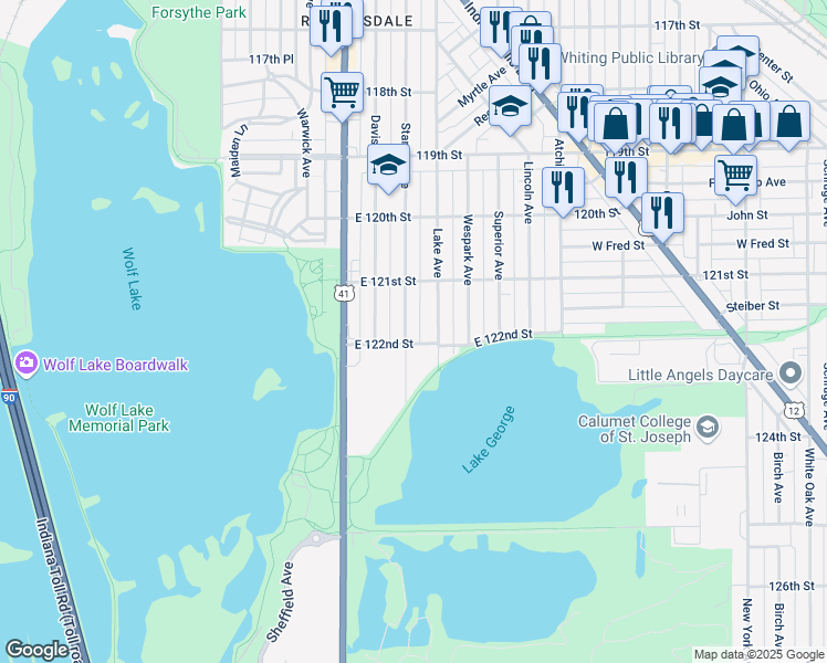 map of restaurants, bars, coffee shops, grocery stores, and more near 2130 Lake Avenue in Whiting