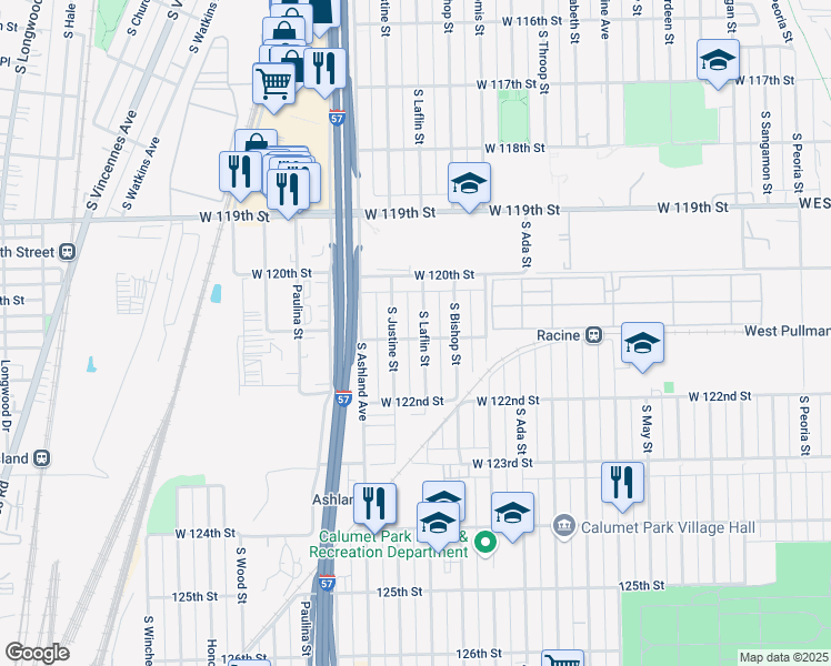 map of restaurants, bars, coffee shops, grocery stores, and more near 12043 South Laflin Street in Chicago