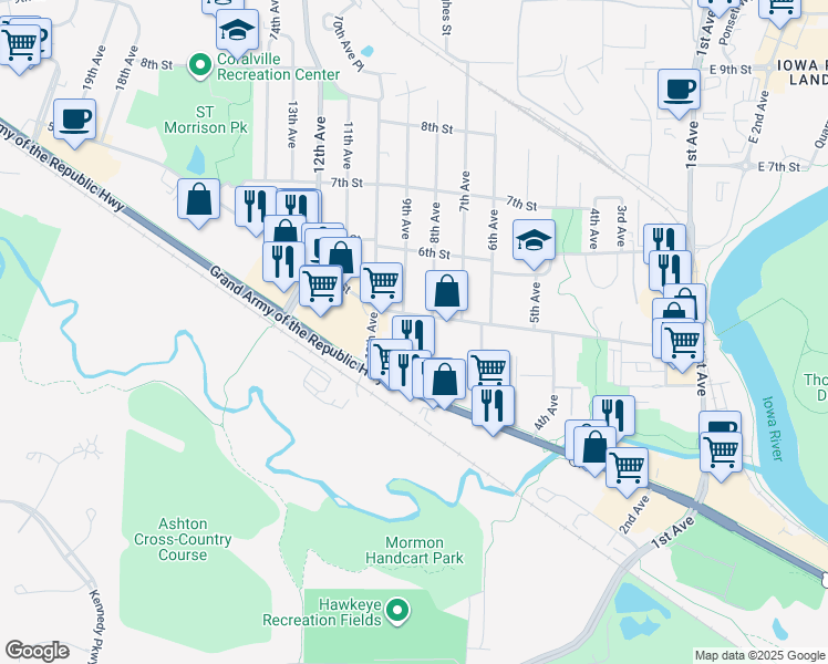 map of restaurants, bars, coffee shops, grocery stores, and more near 808 5th Street in Coralville