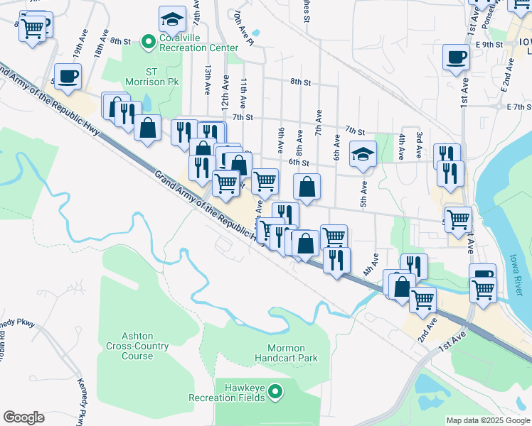 map of restaurants, bars, coffee shops, grocery stores, and more near 423 10th Avenue in Coralville