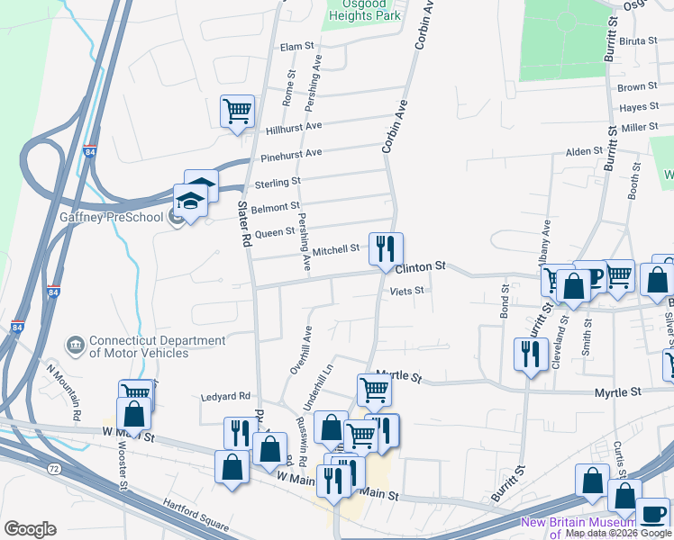 map of restaurants, bars, coffee shops, grocery stores, and more near 76 Mitchell Street in New Britain
