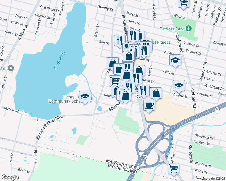 map of restaurants, bars, coffee shops, grocery stores, and more near 333 Mariano Bishop Boulevard in Fall River