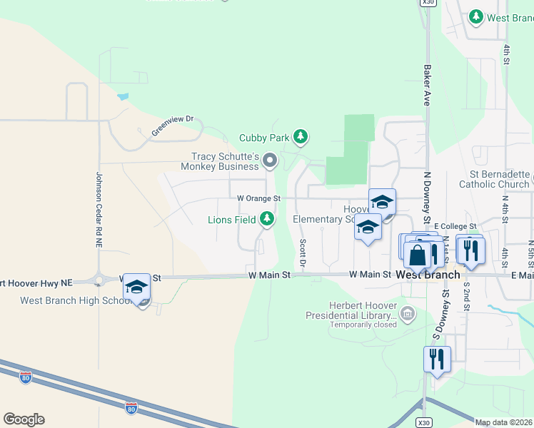 map of restaurants, bars, coffee shops, grocery stores, and more near Pedersen St in West Branch