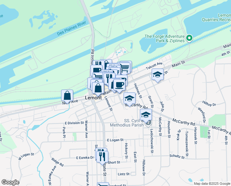 map of restaurants, bars, coffee shops, grocery stores, and more near 320 Canal Street in Lemont